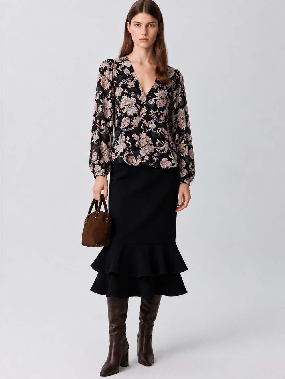 Claudie Pierlot Floral V-Neck Long Sleeve Blouse Black Women Size 36 Size S